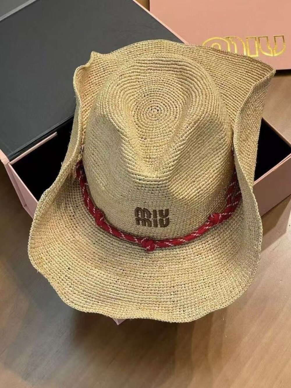 Miu Miu Straw Cowboy Hat Embroidered Logo Red Rope Detail